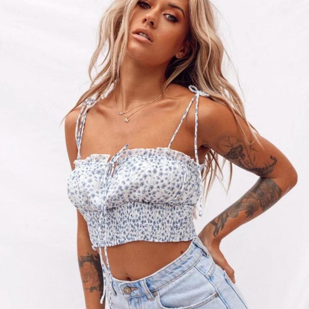 Princess Polly Benita Floral Crop Top Blue White Floral Chiffon Boho Size 2